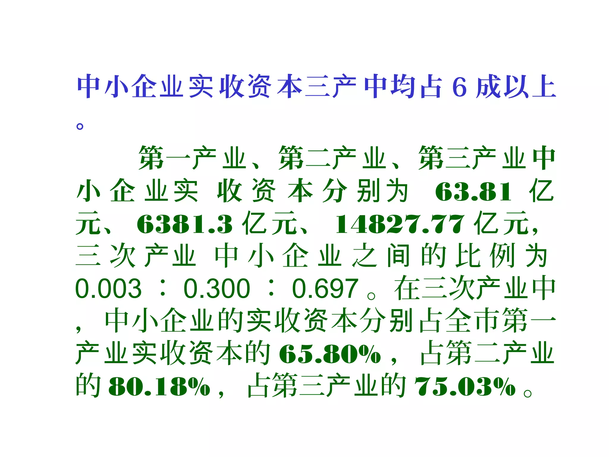中小企 收 本三 中均占业实 资 产 6 成以上
。
第一 、第二 、第三 中产业 产业 产业
小 企 收 本 分业实 资 别为 63.81 亿
元、 6381.3 元、亿 14827.77 元，亿
三 次 中 小 企 之 的 比 例产业 业 间 为
0.003 ： 0.300 ： 0.697 。在三次 中产业
，中小企 的 收 本分 占全市第一业 实 资 别
收 本的产业实 资 65.80% ，占第二产业
的 80.18% ，占第三 的产业 75.03% 。
 