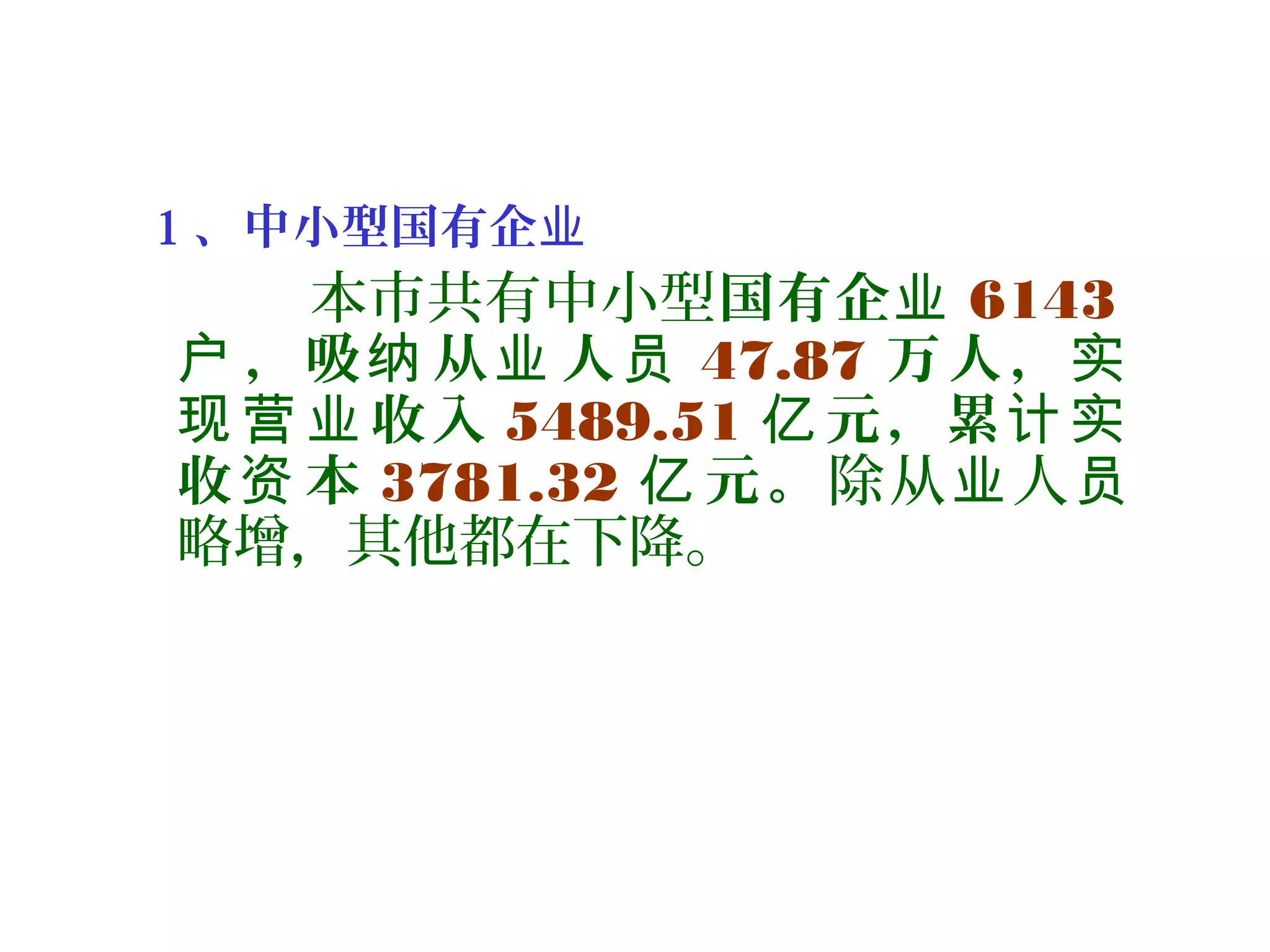 1 、中小型国有企业
本市共有中小型国有企业 6143
，吸 从 人户 纳 业 员 47.87 万人，实
收入现营业 5489.51 元，累亿 计实
收 本资 3781.32 元。亿 除从 人业 员
略增，其他都在下降。
 