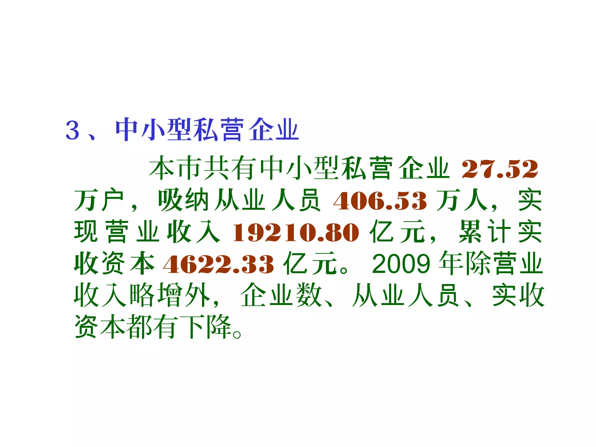 3 、中小型私 企营 业
本市共有中小型私 企营 业 27.52
万 ，吸 从 人户 纳 业 员 406.53 万人，实
收入现 营 业 19210.80 元，累亿 计 实
收 本资 4622.33 元。亿 2009 年除营业
收入略增外，企 数、从 人 、 收业 业 员 实
本都有下降。资
 