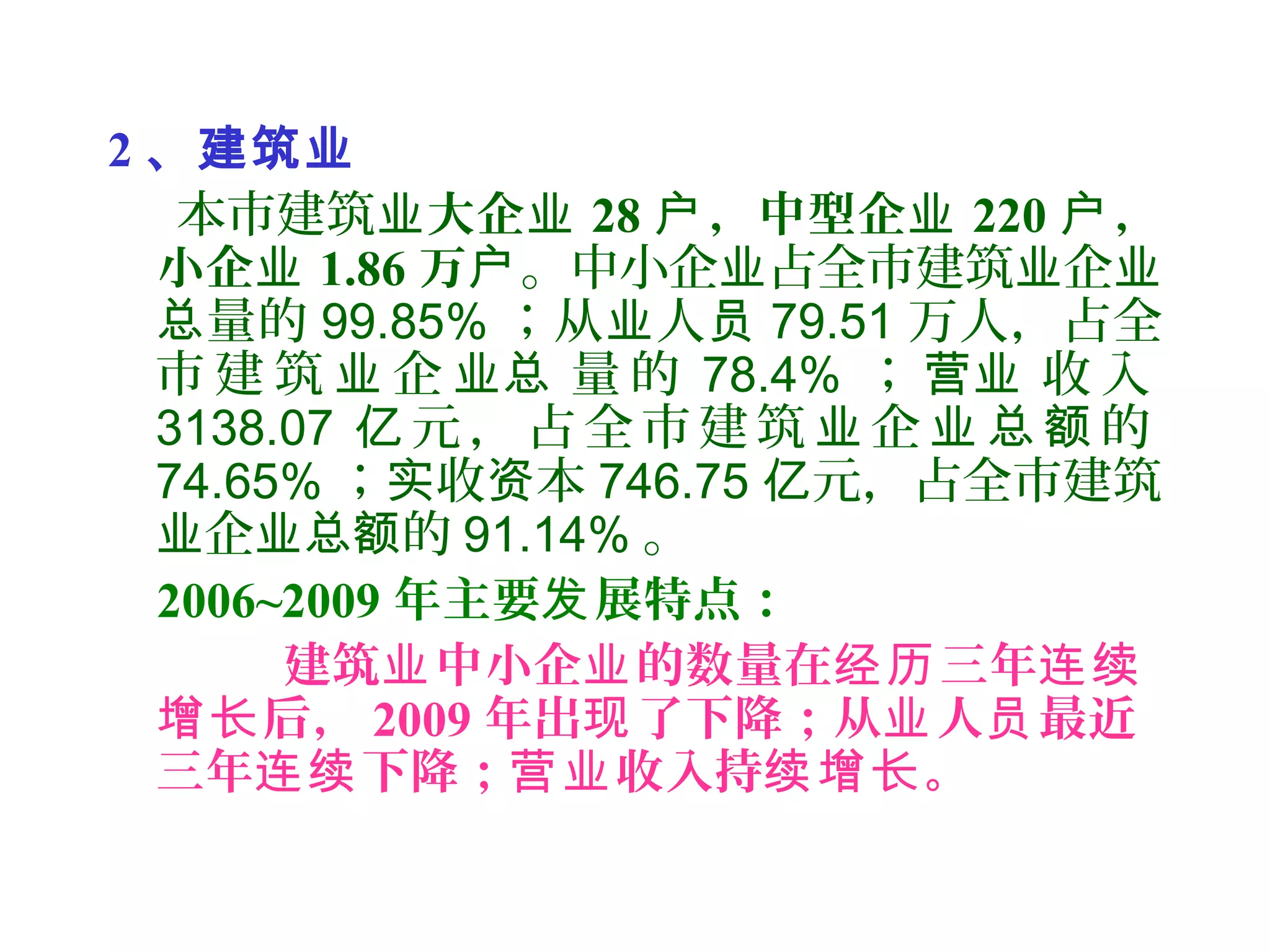 2 、建筑业
本市建筑业大企业 28 ，中型企户 业 220 ，户
小企业 1.86 万户。中小企 占全市建筑 企业 业 业
量的总 99.85% ；从 人业 员 79.51 万人，占全
市 建 筑 企 量 的业 业总 78.4% ； 收 入营业
3138.07 元 ， 占 全 市 建 筑 企 的亿 业 业 总 额
74.65% ； 收 本实 资 746.75 元，占全市建筑亿
企 的业 业总额 91.14% 。
2006~2009 年主要 展特点：发
建筑 中小企 的数量在 三年业 业 经历 连续
后，增长 2009 年出 了下降；从 人 最近现 业 员
三年 下降； 收入持 。连续 营业 续增长
 