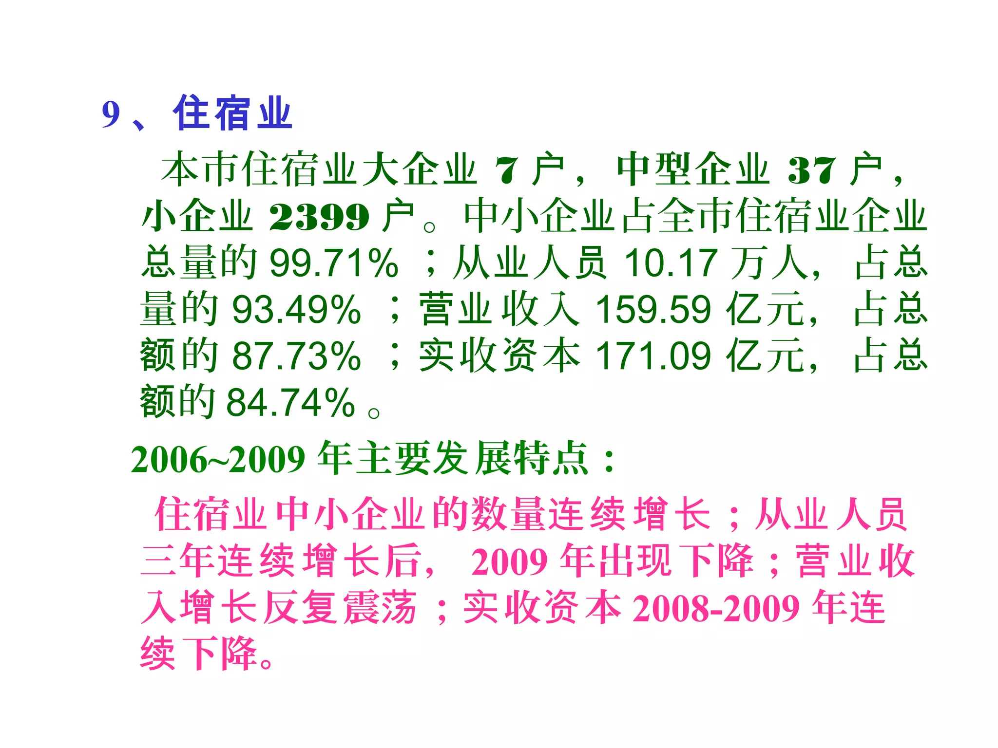 9 、住宿业
本市住宿业大企业 7 ，中型企户 业 37 ，户
小企业 2399 户。中小企 占全市住宿 企业 业 业
量的总 99.71% ；从 人业 员 10.17 万人，占总
量的 93.49% ； 收入营业 159.59 元，占亿 总
的额 87.73% ； 收 本实 资 171.09 元，占亿 总
的额 84.74% 。
2006~2009 年主要 展特点：发
住宿 中小企 的数量 ；从 人业 业 连续增长 业 员
三年 后，连续增长 2009 年出 下降； 收现 营业
入 反 震 ； 收 本增长 复 荡 实 资 2008-2009 年连
下降。续
 
