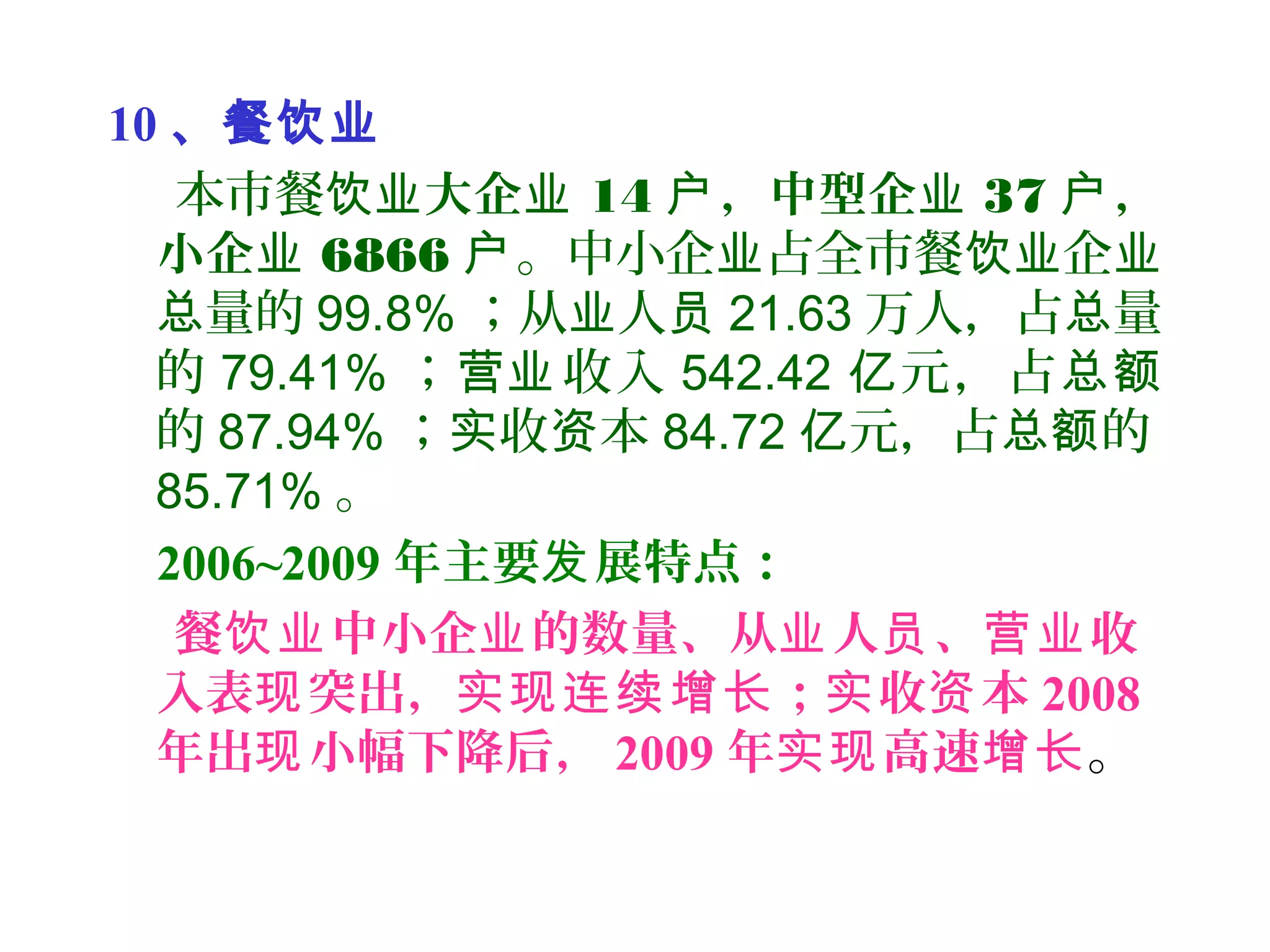 10 、餐饮业
本市餐饮业大企业 14 ，中型企户 业 37 ，户
小企业 6866 户。中小企 占全市餐 企业 饮业 业
量的总 99.8% ；从 人业 员 21.63 万人，占 量总
的 79.41% ； 收入营业 542.42 元，占亿 总额
的 87.94% ； 收 本实 资 84.72 元，占 的亿 总额
85.71% 。
2006~2009 年主要 展特点：发
餐 中小企 的数量、从 人 、 收饮业 业 业 员 营业
入表 突出， ； 收 本现 实现连续增长 实 资 2008
年出 小幅下降后，现 2009 年 高速实现 增长。
 