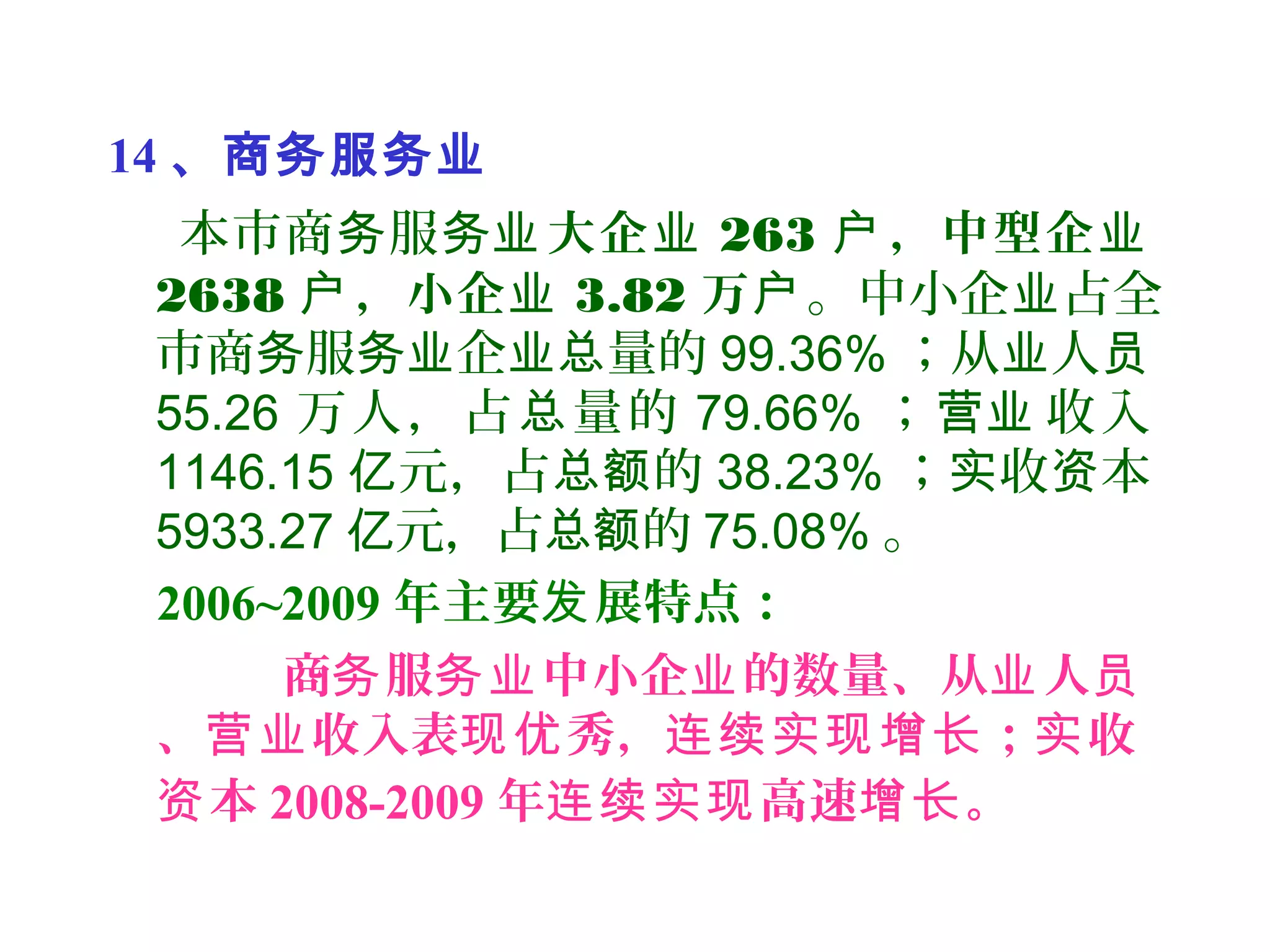 14 、商务服务业
本市商 服务 务业大企业 263 ，中型企户 业
2638 ，小企户 业 3.82 万户。中小企 占全业
市商 服 企 量的务 务业 业总 99.36% ；从 人业 员
55.26 万人，占 量的总 79.66% ； 收入营业
1146.15 元，占 的亿 总额 38.23% ； 收 本实 资
5933.27 元，占 的亿 总额 75.08% 。
2006~2009 年主要 展特点：发
商 服 中小企 的数量、从 人务 务业 业 业 员
、 收入表 秀， ； 收营业 现优 连续实现增长 实
本资 2008-2009 年 高速 。连续实现 增长
 