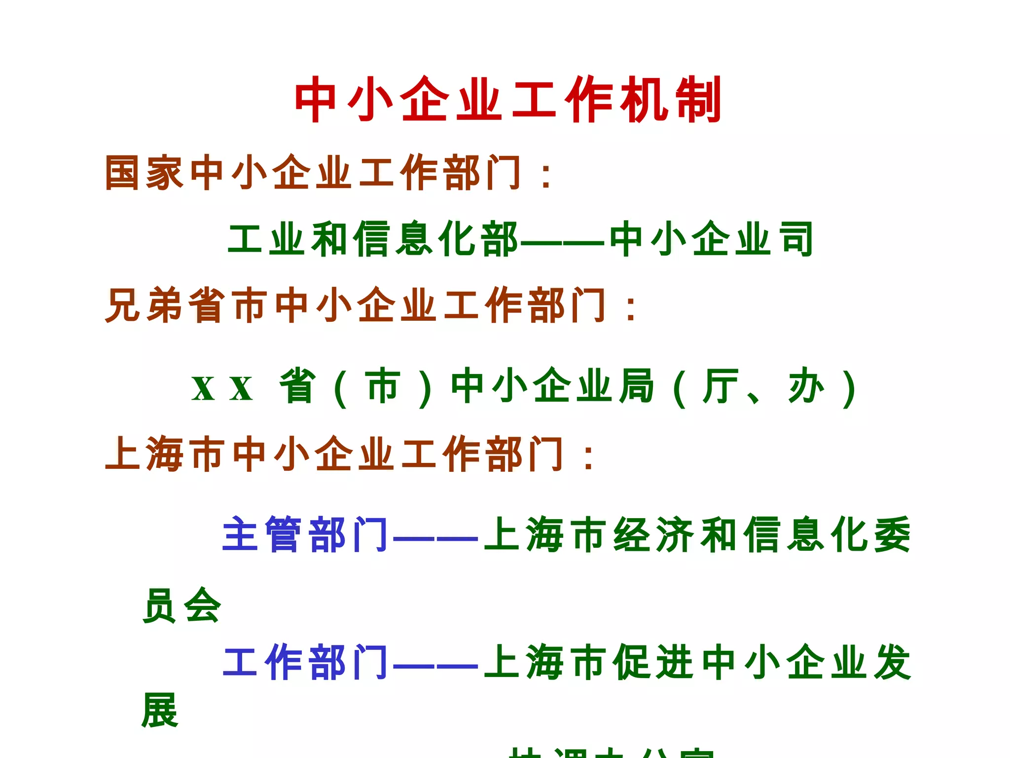中小企业工作机制
国家中小企业工作部门：
工业和信息化部——中小企业司
兄弟省市中小企业工作部门：
x x 省（市）中小企业局（厅、办）
上海市中小企业工作部门：
主管部门——上海市经济和信息化委
员会
工作部门——上海市促进中小企业发
展
 