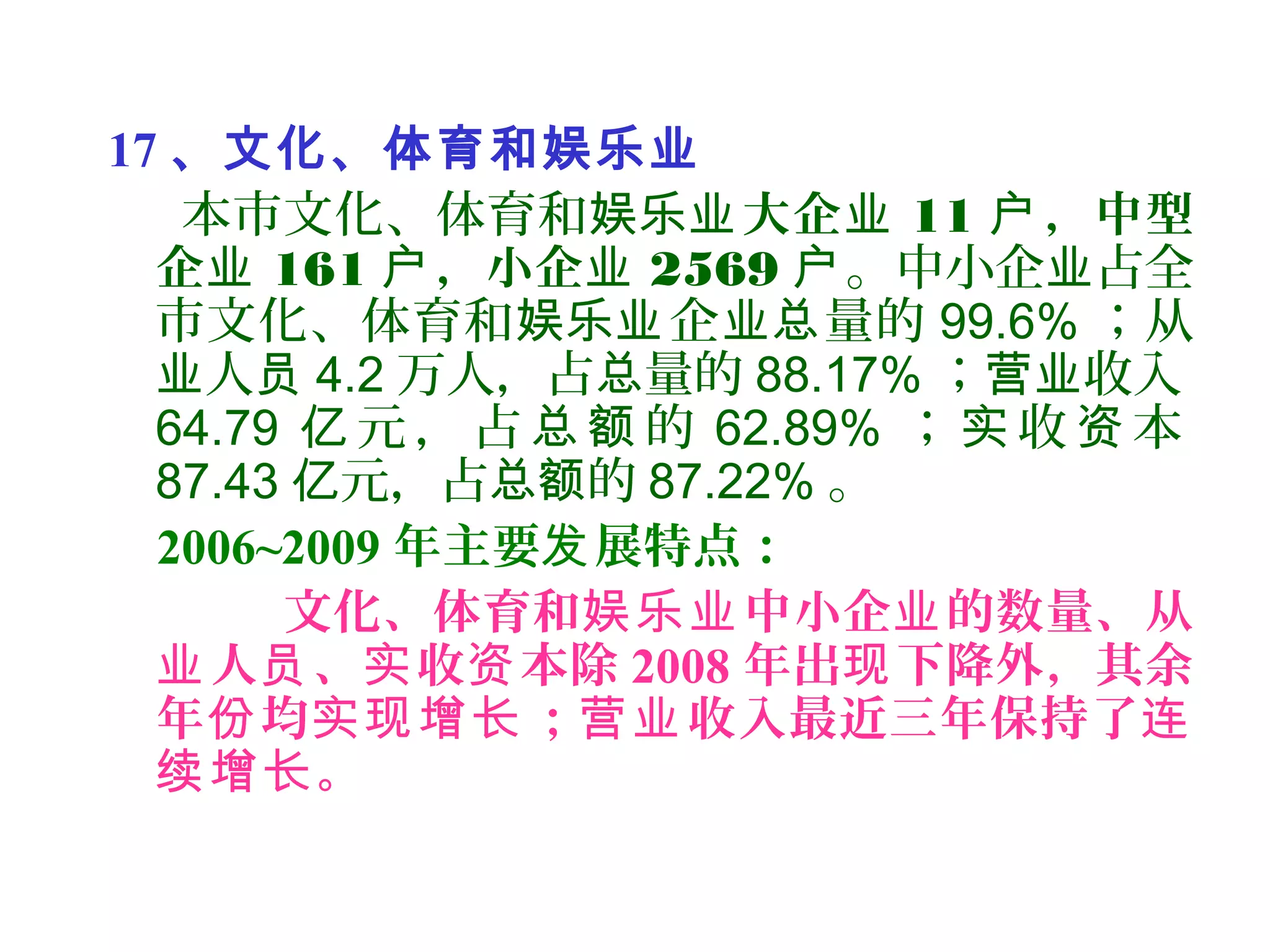 17 、文化、体育和娱乐业
本市文化、体育和娱乐业大企业 11 ，中型户
企业 161 ，小企户 业 2569 户。中小企 占全业
市文化、体育和 企 量的娱乐业 业总 99.6% ；从
人业 员 4.2 万人，占 量的总 88.17% ； 收入营业
64.79 元 ， 占 的亿 总 额 62.89% ； 收 本实 资
87.43 元，占 的亿 总额 87.22% 。
2006~2009 年主要 展特点：发
文化、体育和 中小企 的数量、从娱乐业 业
人 、 收 本除业 员 实 资 2008 年出 下降外，其余现
年 均 ； 收入最近三年保持了份 实现增长 营业 连
。续增长
 
