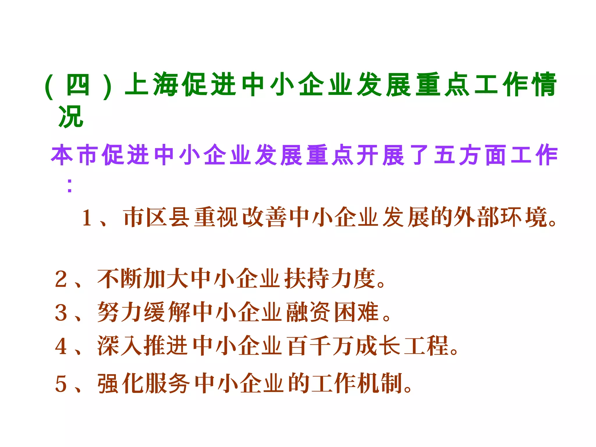 （四）上海促进中小企业发展重点工作情
况
本市促进中小企业发展重点开展了五方面工作
：
1 、市区 重 改善中小企 展的外部 境。县 视 业发 环
2 、不断加大中小企 扶持力度。业
3 、努力 解中小企 融 困 。缓 业 资 难
4 、深入推 中小企 百千万成 工程。进 业 长
5 、 化服 中小企 的工作机制。强 务 业
 