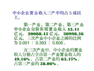 中小企 收入三 中均占业营业 产 5 成以
上。
第一 、第二 、第三产业 产业 产业
中小企 分 收入业 别实现营业 43.41
元、亿 20088.45 元、亿 30998.56
元，亿 三次 中小企 之 的比例产业 业 间
为 0.001 ： 0.393 ： 0.606 。
在三次 中，中小企 的产业 业 营业
收入分 占全市第一 收入的别 产业营业
49.16% ，占第二 的产业 63.47% ，
占第三 的产业 58.06% 。
 
