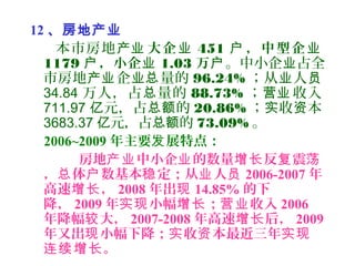 12 、房地产业
本市房地产业 大企业 451 ，中型企户 业
1179 ，小企户 业 1.03 万户。中小企 占全业
市房地 企 量的产业 业总 96.24% ；从 人业 员
34.84 万人，占 量的总 88.73% ； 收入营业
711.97 元，占 的亿 总额 20.86% ； 收 本实 资
3683.37 元，占 的亿 总额 73.09% 。
2006~2009 年主要 展特点：发
房地 中小企 的数量 反 震产业 业 增长 复 荡
， 体 数基本 定；从 人总 户 稳 业 员 2006-2007 年
高速 ，增长 2008 年出现 14.85% 的下
降， 2009 年 小幅 ； 收入实现 增长 营业 2006
年降幅 大，较 2007-2008 年高速 后，增长 2009
年又出 小幅下降； 收 本最近三年现 实 资 实现
。连续增长
 