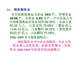14 、商务服务业
本市商 服务 务业大企业 263 ，中型企户 业
2638 ，小企户 业 3.82 万户。中小企 占全业
市商 服 企 量的务 务业 业总 99.36% ；从 人业 员
55.26 万人，占 量的总 79.66% ； 收入营业
1146.15 元，占 的亿 总额 38.23% ； 收 本实 资
5933.27 元，占 的亿 总额 75.08% 。
2006~2009 年主要 展特点：发
商 服 中小企 的数量、从 人务 务业 业 业 员
、 收入表 秀， ； 收营业 现优 连续实现增长 实
本资 2008-2009 年 高速 。连续实现 增长
 