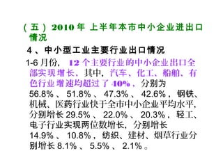 （五） 2010 年 上半年本市中小企业进出口
情况
4 、中小型工业主要行业出口情况
1-6 月份， 12 个主要行 的中小企 出口全业 业
部 ，实现增长 其中，汽 、化工、船舶、有车
色行 速均超 了业增 过 40% ，分别为
56.8% 、 51.8% 、 47.3% 、 42.6% ， 、钢铁
机械、医 行 快于全市中小企 平均水平，药 业 业
分 增别 长 29.5% 、 22.0% 、 20.3% ， 工、轻
子行 位数增 ，分 增电 业实现两 长 别 长
14.9% 、 10.8% ， 、建材、烟草行 分纺织 业
增别 长 8.1% 、 5.5% 、 2.1% 。
 
