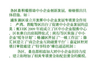 各区县 推 中小企 新 展， 推出具积极 动 业创 发 纷纷
体措施。如：
浦 新区东 立并设 中小企 展 金作用发挥 业发 专项资
； 湾、普陀等区卢 出台了促 中小企 展的意进 业发
；见 虹口区 2009 年底成立了区中小企 服 中心业 务
，区 自出席揭牌 式；长亲 仪 行闵 等区 施了中小实
企 “暖冬 ”；业 计划 浦区杨 展了“一 工作法”；开 线 徐
区汇 建立了“商会企 互助融 平台”；业 资 嘉定区针对
目 批 建了“特事特 ” 色通道机制；项 审 组 办 绿
各区、 也都相 加大 中小企 扶持力度县 应 对 业
，建立和增加了相 金和配套 金的 模。关专项资 资 规
 