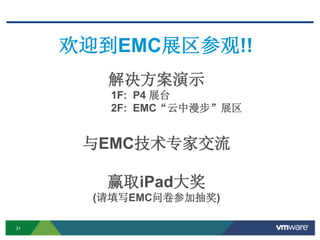 31
欢迎到EMC展区参观!!
解决方案演示
1F: P4 展台
2F: EMC“云中漫步”展区
与EMC技术专家交流
赢取iPad大奖
(请填写EMC问卷参加抽奖)
 