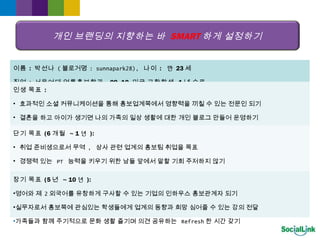 개인 브랜딩의 지향하는 바 SMART 하게 설정하기
이름 : 박선나 ( 블로거명 : sunnapark28), 나이 : 만 23 세
직업 : 서울여대 언론홍보학과 , 09~10 미국 교환학생 1 년 수료
인생 목표 :
• 효과적인 소셜 커뮤니케이션을 통해 홍보업계쪽에서 영향력을 끼칠 수 있는 전문인 되기
• 결혼을 하고 아이가 생기면 나의 가족의 일상 생활에 대한 개인 블로그 만들어 운영하기
• 외국인 노동자나 , 입양인 들을 도와주는 단체에서 가입해 지속적인 후원해주기단기 목표 (6 개월 ~ 1 년 ):
• 취업 준비생으로서 무역 , 상사 관련 업계의 홍보팀 취업을 목표
• 경쟁력 있는 PT 능력을 키우기 위한 남들 앞에서 말할 기회 주저하지 않기
• 무역 , 상사 업계에 주요 이슈를 다룬 기사를 주기적으로 포스팅하여 정보 공유하기
• 트위터를 통한 현장에서 일하고 계시는 분들과 인맥 맺기
장기 목표 (5 년 ~ 10 년 ):
•영어와 제 2 외국어를 유창하게 구사할 수 있는 기업의 인하우스 홍보관계자 되기
•실무자로서 홍보쪽에 관심있는 학생들에게 업계의 동향과 희망 심어줄 수 있는 강의 전달
•가족들과 함께 주기적으로 문화 생활 즐기며 의견 공유하는 Refresh 한 시간 갖기
 