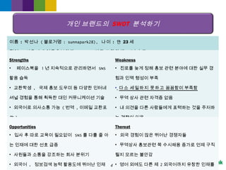 개인 브랜드의 SWOT 분석하기
이름 : 박선나 ( 블로거명 : sunnapark28), 나이 : 만 23 세
직업 : 서울여대 언론홍보학과 , 09~10 미국 교환학생 1 년 수료
Strengths
• 페이스북을 1 년 지속적으로 관리하면서 SNS
활용 습득
• 교환학생 , 국제 홍보 도우미 등 다양한 인터네
셔널 경험을 통해 획득한 대인 커뮤니케이션 기술
• 외국어로 의사소통 가능 ( 번역 , 이메일 교환포
함 )
• 인터넷 정보 검색에 능함
• 웃는상이고 이목구미가 강한 인상
Weakness
• 진로를 늦게 정해 홍보 관련 분야에 대한 실무 경
험과 인맥 형성이 부족
• 다소 세밀하지 못하고 꼼꼼함이 부족함
• 무역 상사 관련 자격증 없음
• 내 의견을 다른 사람들에게 표력하는 것을 주저하
는 경향이 있음
Opportunities
• 입사 후 따로 교육이 필요없이 SNS 를 다룰 줄 아
는 인재에 대한 선호 급증
• 사원들과 소통을 강조하는 회사 분위기
• 외국어 , 정보검색 능력 활용도에 뛰어난 인재
Thereat
• 외국 경험이 많은 뛰어난 경쟁자들
• 무역상사 홍보관련 쪽 수시채용 증가로 언제 구직
될지 모르는 불안감
• 영어 외에도 다른 제 2 외국어까지 유창한 인재를4
 
