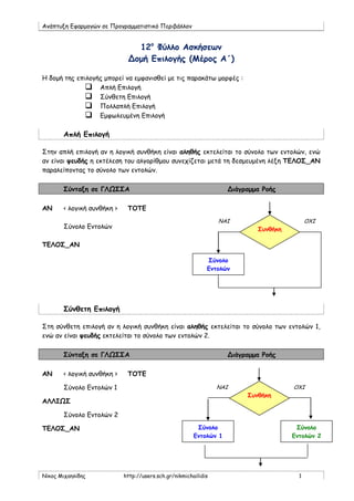 Ανάπτυξη Εφαρμογών σε Προγραμματιστικό Περιβάλλον
Νίκος Μιχαηλίδης http://users.sch.gr/nikmichailidis 1
12ο
Φύλλο Ασκήσεων
Δομή Επιλογής (Μέρος Α΄)
Η δομή της επιλογής μπορεί να εμφανισθεί με τις παρακάτω μορφές :
 Απλή Επιλογή
 Σύνθετη Επιλογή
 Πολλαπλή Επιλογή
 Εμφωλευμένη Επιλογή
Απλή Επιλογή
Στην απλή επιλογή αν η λογική συνθήκη είναι αληθής εκτελείται το σύνολο των εντολών, ενώ
αν είναι ψευδής η εκτέλεση του αλγορίθμου συνεχίζεται μετά τη δεσμευμένη λέξη ΤΕΛΟΣ_ΑΝ
παραλείποντας το σύνολο των εντολών.
Σύνταξη σε ΓΛΩΣΣΑ Διάγραμμα Ροής
ΑΝ < λογική συνθήκη > ΤΟΤΕ
Σύνολο Εντολών
ΤΕΛΟΣ_ΑΝ
Σύνθετη Επιλογή
Στη σύνθετη επιλογή αν η λογική συνθήκη είναι αληθής εκτελείται το σύνολο των εντολών 1,
ενώ αν είναι ψευδής εκτελείται το σύνολο των εντολών 2.
Σύνταξη σε ΓΛΩΣΣΑ Διάγραμμα Ροής
ΑΝ < λογική συνθήκη > ΤΟΤΕ
Σύνολο Εντολών 1
ΑΛΛΙΩΣ
Σύνολο Εντολών 2
ΤΕΛΟΣ_ΑΝ
Συνθήκη
Σύνολο
Εντολών
ΝΑΙ ΟΧΙ
Συνθήκη
Σύνολο
Εντολών 1
ΝΑΙ ΟΧΙ
Σύνολο
Εντολών 2
 