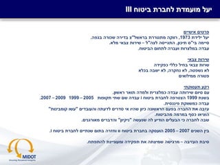 -‫סודי‬-
III ‫ביטוח‬ ‫לחברת‬ ‫מועמדת‬ ‫יעל‬
‫אישיים‬ ‫פרטים‬
‫ילידת‬ ‫יעל‬1973,‫בראשל‬ ‫מתגוררת‬ ‫רווקה‬"‫בגפה‬ ‫שכורה‬ ‫בדירה‬ ‫צ‬.
‫בי‬ ‫סיימה‬"‫תיכון‬ ‫ס‬,‫לצה‬ ‫התגייסה‬"‫ל‬–‫מלא‬ ‫צבאי‬ ‫שירות‬.
‫הביטוח‬ ‫לתחום‬ ‫ועברה‬ ‫במלצרות‬ ‫עבדה‬.
‫צבאי‬ ‫שירות‬
‫כפקידה‬ ‫כללי‬ ‫בחיל‬ ‫צבאי‬ ‫שרות‬
‫נשפטה‬ ‫לא‬,‫נחקרה‬ ‫לא‬,‫בכלא‬ ‫ישבה‬ ‫לא‬
‫ממילואים‬ ‫פטורה‬
‫תעסוקתי‬ ‫רקע‬
‫ראשון‬ ‫תואר‬ ‫ולמדה‬ ‫כמלצרית‬ ‫עבדה‬ ‫שירותה‬ ‫סיום‬ ‫עם‬.
‫בשנת‬1999‫ביטוח‬ ‫לחברת‬ ‫הצטרפה‬I‫תקופות‬ ‫שתי‬ ‫שם‬ ‫עבדה‬2005–19992009–2007.
‫פיננסית‬ ‫כמשווקת‬ ‫עבדה‬.
‫והעובדים‬ ‫לדעתה‬ ‫סדרים‬ ‫אי‬ ‫שהיו‬ ‫כיון‬ ‫הראשונה‬ ‫בפעם‬ ‫החברה‬ ‫את‬ ‫עזבה‬"‫קומבינות‬ ‫עשו‬"
‫מהביטוח‬ ‫במרמה‬ ‫כסף‬ ‫הוציאו‬.
‫שנעשה‬ ‫לה‬ ‫הודיע‬ ‫הבעלים‬ ‫כי‬ ‫לחברה‬ ‫שבה‬"‫ניקיון‬"‫מאורגנים‬ ‫והדברים‬.
‫השנים‬ ‫בין‬2007–2005‫ביטוח‬ ‫לחברת‬ ‫שנתיים‬ ‫בתום‬ ‫וחזרה‬ ‫וו‬ ‫ביטוח‬ ‫בחברת‬ ‫הועסקה‬I.
‫העזיבה‬ ‫סיבת‬–‫להתפתח‬ ‫ומעוניינת‬ ‫תפקידה‬ ‫את‬ ‫שמיצתה‬ ‫מרגישה‬.
 