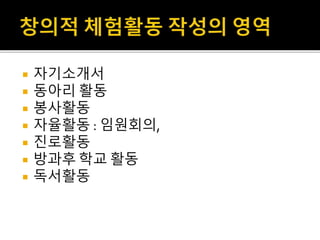  자기소개서
 동아리 활동
 봉사활동
 자율활동 : 임원회의,
 진로활동
 방과후 학교 활동
 독서활동
 