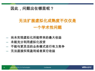10 Confidential
— 尚未实现虚拟化所能带来的最大收益
— 未能充分利用虚拟化投资
— 不能与更灵活的业务模式进行有力竞争
— 无法直接实现盈利或者其它收益
因此，问题出在哪里呢？
无法扩展虚拟化成熟度不仅仅是
一个学术性问题
Copyright 2010, CA Technologies
 