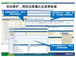 38 Confidential
检索服务器和应用，并把它
们整合到服务中
自动维护，例如法规遵从及政策检查
设定周期性任务，如探索，刷
新， 变更监测, 合规度检查
在预设的管理文件中，包括合
规政策控制集
Copyright 2010, CA Technologies
 