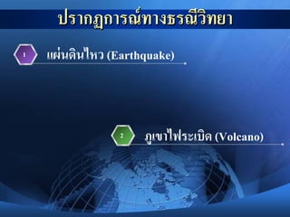 ปรากฏการณ์ทางธรณีวิทยา
แผ่นดินไหว (Earthquake)1
ภูเขาไฟระเบิด (Volcano)2
 