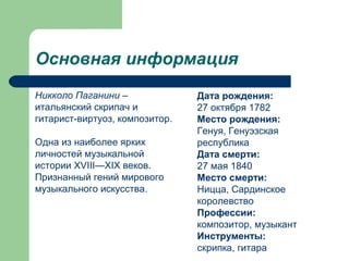 Основная информация
Дата рождения:
27 октября 1782
Место рождения:
Генуя, Генуэзская
республика
Дата смерти:
27 мая 1840
Место смерти:
Ницца, Сардинское
королевство
Профессии:
композитор, музыкант
Инструменты:
скрипка, гитара
Никколо Паганини –
итальянский скрипач и
гитарист-виртуоз, композитор.
Одна из наиболее ярких
личностей музыкальной
истории XVIII—XIX веков.
Признанный гений мирового
музыкального искусства.
 