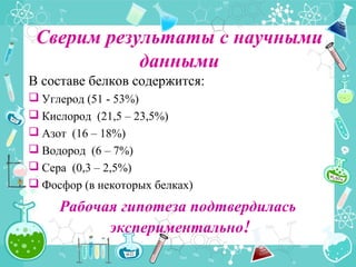 Сверим результаты с научными
данными
В составе белков содержится:
 Углерод (51 - 53%)
 Кислород (21,5 – 23,5%)
 Азот (16 – 18%)
 Водород (6 – 7%)
 Сера (0,3 – 2,5%)
 Фосфор (в некоторых белках)
Рабочая гипотеза подтвердилась
экспериментально!
 