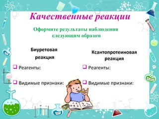 Качественные реакции
Биуретовая
реакция
 Реагенты:
 Видимые признаки:
Ксантопротеиновая
реакция
 Реагенты:
 Видимые признаки:
Оформите результаты наблюдения
следующим образом
 
