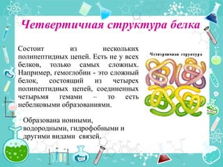Четвертичная структура белка
Состоит из нескольких
полипептидных цепей. Есть не у всех
белков, только самых сложных.
Например, гемоглобин - это сложный
белок, состоящий из четырех
полипептидных цепей, соединенных
четырьмя гемами – то есть
небелковыми образованиями.
Образована ионными,
водородными, гидрофобными и
другими видами связей.
 