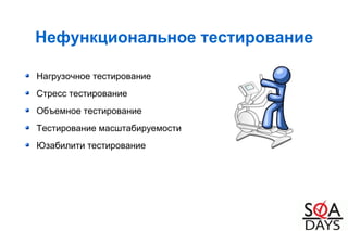 Нефункциональное тестирование
Нагрузочное тестирование
Стресс тестирование
Объемное тестирование
Тестирование масштабируемости
Юзабилити тестирование
 