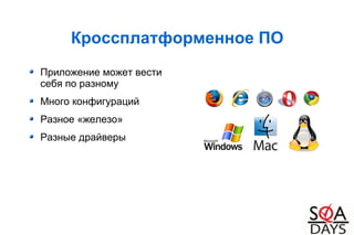 Кроссплатформенное ПО
Приложение может вести
себя по разному
Много конфигураций
Разное «железо»
Разные драйверы
 