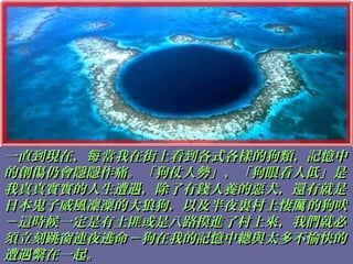 一直到現在， 當我在街上看到各式各樣的狗類，記憶中每一直到現在， 當我在街上看到各式各樣的狗類，記憶中每
的創傷仍會隱隱作痛。「狗仗人勢」、「狗眼看人低」是的創傷仍會隱隱作痛。「狗仗人勢」、「狗眼看人低」是
我真真實實的人生遭遇，除了有錢人養的惡犬，還有就是我真真實實的人生遭遇，除了有錢人養的惡犬，還有就是
日本鬼子威風凜凜的大狼狗，以及半夜裏村上悽 的狗吠厲日本鬼子威風凜凜的大狼狗，以及半夜裏村上悽 的狗吠厲
－這時候一定是有土匪或是八路摸進了村上來，我們就必－這時候一定是有土匪或是八路摸進了村上來，我們就必
須立刻跳窗連夜逃命－狗在我的記憶中總與太多不愉快的須立刻跳窗連夜逃命－狗在我的記憶中總與太多不愉快的
遭遇繫在一起。遭遇繫在一起。
 