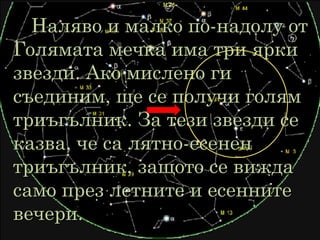 Наляво и малко по-надолу отНаляво и малко по-надолу от
Голямата мечка има три яркиГолямата мечка има три ярки
звезди. Ако мислено гизвезди. Ако мислено ги
съединим, ще се получи голямсъединим, ще се получи голям
триъгълник. За тези звезди сетриъгълник. За тези звезди се
казва, че са лятно-есененказва, че са лятно-есенен
триъгълник, защото се виждатриъгълник, защото се вижда
само през летните и есеннитесамо през летните и есенните
вечери.вечери.
 