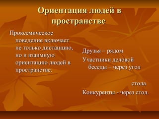 Ориентация людей вОриентация людей в
пространствепространстве
ПроксемическоеПроксемическое
поведение включаетповедение включает
не только дистанцию,не только дистанцию,
но и взаимнуюно и взаимную
ориентацию людей вориентацию людей в
пространстве.пространстве.
Друзья – рядомДрузья – рядом
Участники деловойУчастники деловой
беседы – через уголбеседы – через угол
столастола
Конкуренты - через стол.Конкуренты - через стол.
 