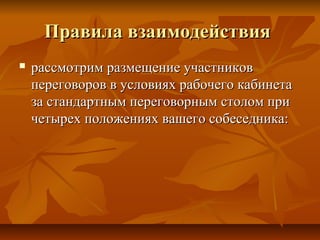 Правила взаимодействияПравила взаимодействия
 рассмотрим размещение участниковрассмотрим размещение участников
переговоров в условиях рабочего кабинетапереговоров в условиях рабочего кабинета
за стандартным переговорным столом приза стандартным переговорным столом при
четырех положениях вашего собеседника:четырех положениях вашего собеседника:
 