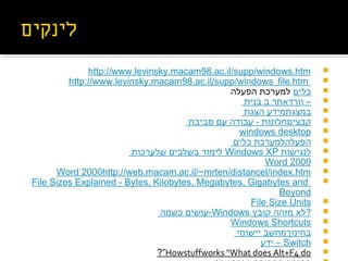 http://www.levinsky.macam98.ac.il/supp/windows.htm
http://www.levinsky.macam98.ac.il/supp/windows_file.htm
‫כלים‬‫הפעלה‬ ‫למערכת‬
‫בנית‬ ‫ב‬ ‫וורדאתר‬ –
‫הצגת‬ ‫במצגתמידע‬
‫סביבת‬ ‫עם‬ ‫עבודה‬ - ‫קבציםחלונות‬
windows desktop
‫כלים‬ ‫הפעלהלמערכת‬
‫שלערכות‬ ‫בשלבים‬ ‫לימוד‬ Windows XP ‫לנגישות‬
Word 2000
Word 2000http://web.macam.ac.il/~mrten/distancel/index.htm
File Sizes Explained - Bytes, Kilobytes, Megabytes, Gigabytes and
Beyond
File Size Units
‫כשמה‬ ‫-עושים‬Windows ‫קובץ‬ ‫מזהה‬ ‫?לא‬
Windows Shortcuts
‫יישומי‬ ‫בחינוךמחשב‬
‫ידע‬ – Switch
Howstuffworks "What does Alt+F4 do?”
 