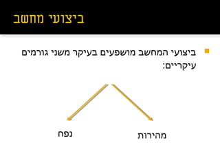 ‫גורמים‬ ‫משני‬ ‫בעיקר‬ ‫מושפעים‬ ‫המחשב‬ ‫ביצועי‬
:‫עיקריים‬
‫מהירות‬‫נפח‬
 