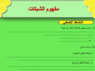 ‫الفصفي‬ ‫النشاط‬
1‫أنواعها؟‬ ‫واذكر‬ ‫الشبكة‬ ‫مفهوم‬ ‫عرف‬ -
........................................................................................................................
......................................................................
......................................... -‫أ‬
....................................... -‫ب‬
2:‫يلي‬ ‫ما‬ ‫عرف‬ -
‫المحلي؟‬ ‫النطاق‬ ‫شبكة‬ -‫أ‬
........................................................................................................................
.........................................................................................................
‫الواسع؟‬ ‫النطاق‬ ‫شبكة‬ -‫ب‬
........................................................................................................................
.......................................................................................................
 