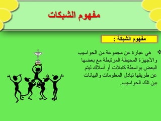 : ‫الشبكة‬ ‫مفهوم‬: ‫الشبكة‬ ‫مفهوم‬
‫الحواسيب‬ ‫من‬ ‫مجموعة‬ ‫عن‬ ‫عبارة‬ ‫هي‬
‫بعضها‬ ‫مع‬ ‫المرتبطة‬ ‫المحيطة‬ ‫والهجهزة‬
‫ليتم‬ ‫أسل ك‬ ‫أو‬ ‫كابل ت‬ ‫بواسطة‬ ‫البعض‬
‫والبيانا ت‬ ‫المعلوما ت‬ ‫تبادل‬ ‫طريقها‬ ‫عن‬
.‫الحواسيب‬ ‫تلك‬ ‫بين‬
 