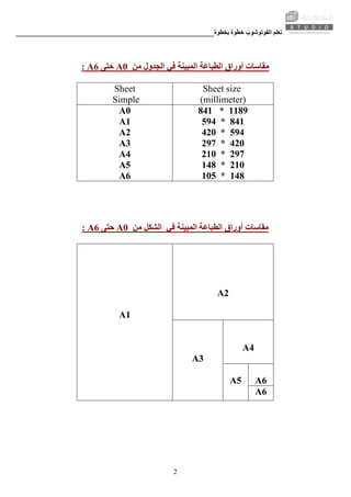 ‫ﺑﺨﻄﻮة‬ ‫ﺧﻄﻮة‬ ‫اﻟﻔﻮﺗﻮﺷﻮب‬ ‫ﺗﻌﻠﻢ‬________________________________________________________
2
‫ﻣﻦ‬ ‫اﻟﺠﺪول‬ ‫ﻓﻲ‬ ‫اﻟﻤﺒﻴﻨﺔ‬ ‫اﻟﻄﺒﺎﻋﺔ‬ ‫أوراق‬ ‫ﻣﻘﺎﺳﺎت‬0A‫ﺣﺘﻰ‬6A:
Sheet size
(millimeter)
Sheet
Simple
841 * 1189A0
594 * 841A1
420 * 594A2
297 * 420A3
210 * 297A4
148 * 210A5
105 * 148A6
‫اﻟﻄﺒﺎﻋﺔ‬ ‫أوراق‬ ‫ﻣﻘﺎﺳﺎت‬‫ﻣﻦ‬ ‫اﻟﺸﻜﻞ‬ ‫ﻓﻲ‬ ‫اﻟﻤﺒﻴﻨﺔ‬0A‫ﺣﺘﻰ‬6A:
A2
A4
A6
A6
A5
A3
A1
 