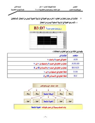 ‫א‬‫א‬                                 ١٠١‫א‬                          ‫א‬
‫א‬‫א‬                  Excel‫א‬‫א‬‫א‬W‫א‬‫א‬             ‫א‬




،‫א‬‫א‬‫א‬‫א‬‫א‬‫א‬،‫א‬‫א‬ K٢
                                            K‫א‬‫א‬‫א‬‫א‬‫א‬‫א‬EWF

                                       B3:D7 ‫ﺓ‬‫א‬‫א‬



                           
                                                                    W‫א‬‫א‬‫א‬
                                                                                             ‫א‬
                                                             ١٠‫א‬A‫א‬‫א‬                A10
                                      ٢٠١٠‫א‬A‫א‬‫א‬                A10:A0
                                      EB‫א‬١٥‫א‬‫א‬                   B15:E5
                                                        ١٠٥‫א‬‫א‬                5:10
                                                       JH‫א‬‫א‬                   H:J



                                                    E  F 


                          ..       ..           ‫ א‬‫א‬           ..        KK


                          ..        ..          ‫א‬‫א‬            ..        ..

                                   ?‫א‬‫ ? א‬‫א‬



                                                        -٦-
 