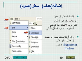29/01/15 39
‫إضافة‬(‫)حذف‬‫سط‬)‫ر‬‫عمود‬(
‫عمود‬ ‫أو‬ ‫سطر‬ ‫لاضافة‬
‫المكان‬ ‫في‬ ‫ننقر‬ ‫خليا‬ ‫أو‬
‫فيه‬ ‫الاضافة‬ ‫نريد‬ ‫الذي‬‫نتبع‬ ‫ثم‬
‫التالي‬ ‫الشكل‬ ‫حسب‬ ‫الخطوات‬
‫عمود‬ ‫أو‬ ‫سطر‬ ‫حذف‬ ‫أردنا‬ ‫إذا‬ ‫و‬
‫خليا‬ ‫أو‬‫على‬ ‫ننقر‬
Supprimer‫عوض‬
Insérer
‫النهاية‬
 