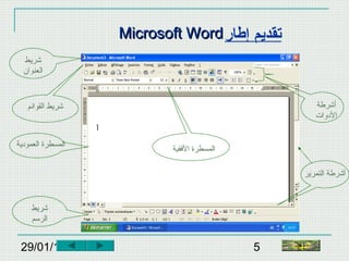 29/01/15 5
‫إطار‬ ‫تقديم‬Microsoft WordMicrosoft Word
‫أشرطة‬
‫الدوات‬
‫التمرير‬ ‫أشرطة‬
‫القفقية‬ ‫المسطرة‬
‫شريط‬
‫العنوان‬
‫القوائم‬ ‫شريط‬
‫العمودية‬ ‫المسطرة‬
‫شريط‬
‫الرسم‬
‫النهاية‬
 