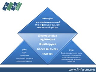 ФинФорум
это профессиональный
многофункциональный
финансовый ресурс
(30%)
Ядро
аудитории
составляют эксперты
финансового рынка
Ежемесячная
аудитория
ФинФорума
более 80 тысяч
человек
(70%)
Финансово активная часть
населения, следящая за
тенденциями развития
финансового и делового
общества
 
