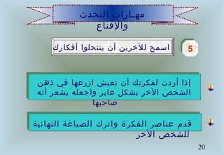 20
‫التحدث‬ ‫مهـارات‬
‫والقناع‬
‫أفكارك‬ ‫ينتحلوا‬ ‫أن‬ ‫للخرين‬ ‫اسمح‬ 55
‫النهائية‬ ‫الصياغة‬ ‫واترك‬ ‫الفكرة‬ ‫عناصر‬ ‫قدم‬
‫الخر‬ ‫للشخص‬
‫ذهن‬ ‫في‬ ‫ازرعها‬ ‫تعيش‬ ‫أن‬ ‫لفكرتك‬ ‫أردت‬ ‫إذا‬
‫أنه‬ ‫يشعر‬ ‫واجعله‬ ‫عابر‬ ‫بشكل‬ ‫الخر‬ ‫الشخص‬
‫صاحبها‬
 