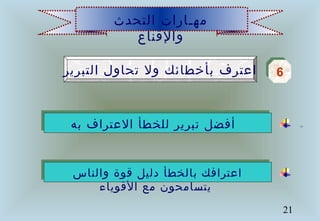 21
‫التحدث‬ ‫مهـارات‬
‫والقناع‬
‫التبرير‬ ‫تحاول‬ ‫ول‬ ‫بأخطائك‬ ‫اعترف‬ 66
‫به‬ ‫العتراف‬ ‫للخطأ‬ ‫تبرير‬ ‫أفضل‬
‫والناس‬ ‫قوة‬ ‫دليل‬ ‫بالخطأ‬ ‫اعترافك‬
‫القوياء‬ ‫مع‬ ‫يتسامحون‬
 