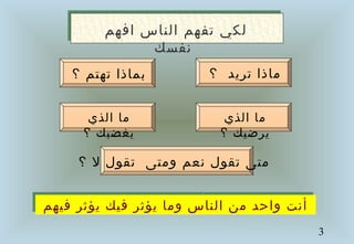 3
‫افهم‬ ‫الناس‬ ‫تفهم‬ ‫لكي‬
‫نفسك‬
‫الذي‬ ‫ما‬
‫؟‬ ‫يرضيك‬
‫الذي‬ ‫ما‬
‫؟‬ ‫يغضبك‬
‫؟‬ ‫تهتم‬ ‫بماذا‬ ‫؟‬ ‫تريد‬ ‫ماذا‬
‫فيهم‬ ‫يؤثر‬ ‫فيك‬ ‫يؤثر‬ ‫وما‬ ‫الناس‬ ‫من‬ ‫واحد‬ ‫أنت‬‫فيهم‬ ‫يؤثر‬ ‫فيك‬ ‫يؤثر‬ ‫وما‬ ‫الناس‬ ‫من‬ ‫واحد‬ ‫أنت‬
‫؟‬ ‫ل‬ ‫تقول‬ ‫ومتى‬ ‫نعم‬ ‫تقول‬ ‫متى‬
 