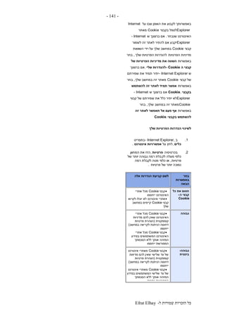 ‫ל‬ ‫שמורות‬ ‫הזכויות‬ ‫כל‬-Efrat Elhay
-141-
‫על‬ ‫שבו‬ ‫האופן‬ ‫את‬ ‫לקבוע‬ ‫באפשרותך‬Internet
Explorer‫בקבצי‬ ‫לטפל‬Cookie‫מאתר‬
‫שנבחר‬ ‫האינטרנט‬.‫ש‬ ‫ברצונך‬ ‫אם‬- Internet
Explorer‫לשמור‬ ‫זה‬ ‫לאתר‬ ‫להתיר‬ ‫אם‬ ‫יקבע‬
‫קבצי‬Cookie‫על‬ ‫שלך‬ ‫במחשב‬-‫השוואת‬ ‫ידי‬
‫מדיניו‬‫הפרטיות‬ ‫ת‬‫שלך‬ ‫הפרטיות‬ ‫להגדרות‬,‫בחר‬
‫באפשרות‬‫של‬ ‫הפרטיות‬ ‫מדיניות‬ ‫את‬ ‫השווה‬
‫ה‬ ‫קבצי‬- Cookie‫שלי‬ ‫להגדרות‬.‫ברצונך‬ ‫אם‬
‫ש‬- Internet Explorer‫שמירתם‬ ‫את‬ ‫תמיד‬ ‫יתיר‬
‫קבצי‬ ‫של‬Cookie‫שלך‬ ‫במחשב‬ ‫זה‬ ‫מאתר‬,‫בחר‬
‫באפשרות‬‫להשתמש‬ ‫זה‬ ‫לאתר‬ ‫תמיד‬ ‫אפשר‬
‫בקבצי‬Cookie.‫ש‬ ‫ברצונך‬ ‫אם‬- Internet
Explorer‫קבצי‬ ‫של‬ ‫שמירתם‬ ‫את‬ ‫כלל‬ ‫יתיר‬ ‫לא‬
Cookie‫שלך‬ ‫במחשב‬ ‫זה‬ ‫מאתר‬,‫בחר‬
‫באפשרות‬‫זה‬ ‫לאתר‬ ‫תאפשר‬ ‫אל‬ ‫פעם‬ ‫אף‬
‫בקבצי‬ ‫להשתמש‬Cookie.
‫שלך‬ ‫הפרטיות‬ ‫הגדרות‬ ‫לשינוי‬
1.‫ב‬- Internet Explorer,‫בתפריט‬
‫כלים‬,‫על‬ ‫לחץ‬‫אינטרנט‬ ‫אפשרויות‬.
2.‫בכרטיסיה‬‫פרטיות‬,‫המחוון‬ ‫את‬ ‫הזז‬
‫לק‬ ‫מעלה‬ ‫כלפי‬‫של‬ ‫יותר‬ ‫גבוהה‬ ‫רמה‬ ‫בלת‬
‫פרטיות‬,‫רמה‬ ‫לקבלת‬ ‫מטה‬ ‫כלפי‬ ‫או‬
‫פרטיות‬ ‫של‬ ‫יותר‬ ‫נמוכה‬.
‫בחר‬
‫באפשרות‬
‫הבאה‬
‫אלה‬ ‫הגדרות‬ ‫קביעת‬ ‫לשם‬
‫כל‬ ‫את‬ ‫חסום‬
‫ה‬ ‫קבצי‬-
Cookie
‫קבצי‬Cookie‫אתרי‬ ‫מכל‬
‫ייחסמו‬ ‫האינטרנט‬
‫לקרוא‬ ‫יוכלו‬ ‫לא‬ ‫אינטרנט‬ ‫אתרי‬
‫קבצי‬Cookie‫במחשב‬ ‫קיימים‬
‫שלך‬
‫גבוהה‬‫קבצי‬Cookie‫אתרי‬ ‫מכל‬
‫מדיניות‬ ‫להם‬ ‫שאין‬ ‫האינטרנט‬
‫קומפקטית‬(‫פרטיות‬ ‫הצהרת‬
‫דחוסה‬‫במחשב‬ ‫לקריאה‬ ‫הניתנת‬)
‫ייחסמו‬
‫קבצי‬Cookie‫אתרי‬ ‫מכל‬
‫במידע‬ ‫המשתמשים‬ ‫האינטרנט‬
‫הסכמתך‬ ‫ללא‬ ‫אותך‬ ‫המזהה‬
‫המפורשת‬‫ייחסמו‬
‫גבוהה‬-
‫בינונית‬
‫קבצי‬Cookie‫אינטרנט‬ ‫מאתרי‬
‫מדינ‬ ‫להם‬ ‫שאין‬ ‫שלישי‬ ‫צד‬ ‫של‬‫יות‬
‫קומפקטית‬(‫הצהרת‬‫פרטיות‬
‫במחשב‬ ‫לקריאה‬ ‫הניתנת‬ ‫דחוסה‬)
‫ייחסמו‬
‫קבצי‬Cookie‫אינטרנט‬ ‫מאתרי‬
‫במידע‬ ‫המשתמשים‬ ‫שלישי‬ ‫צד‬ ‫של‬
‫הסכמתך‬ ‫ללא‬ ‫אותך‬ ‫המזהה‬
‫ייחסמו‬ ‫המפורשת‬
 