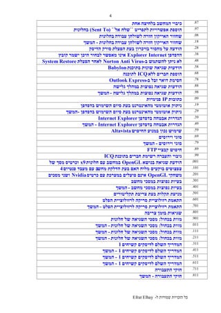 ‫ל‬ ‫שמורות‬ ‫הזכויות‬ ‫כל‬-Efrat Elhay
4
87.‫כ‬‫בלחיצה‬ ‫המחשב‬ ‫יבוי‬‫אחת‬
97.‫אפשרויות‬ ‫הוספת‬‫לתפריט‬``‫אל‬ ‫שלח‬``(Sent To)‫בחלונות‬
08.‫חזרה‬ ‫האייקון‬ ‫שחזור‬‫עבודה‬ ‫לשולחן‬‫בחלונות‬
18.‫חזרה‬ ‫האייקון‬ ‫שחזור‬‫עבודה‬ ‫לשולחן‬‫בחלונות‬-‫המשך‬
28.‫מחסור‬ ‫על‬ ‫הודעה‬‫הפעלת‬ ‫בעת‬ ‫בזיכרון‬‫הדיסק‬ ‫סורק‬
‫מאחה‬ ‫או‬‫בחלונות‬ ‫הדיסק‬ 38.‫הדפדפן‬InternetExplorer‫מאפשר‬ ‫אינו‬‫ישמר‬ ‫היכן‬ ‫לבחור‬‫קובץ‬
‫שמורידים‬ 48.‫ב‬ ‫להשתמש‬ ‫ניתן‬ ‫לא‬-Norton Anti Virus‫הפעלת‬ ‫לאחר‬System Restore
‫ב‬-WindowsMe 58.‫בתוכנת‬ ‫שונות‬ ‫שגיאה‬ ‫הודעות‬Babylon
68.‫ללא‬ ‫חברים‬ ‫הוספת‬ICQ‫לתוכנה‬
78.‫ב‬ ‫זבל‬ ‫דואר‬ ‫חסימת‬-Outlook Express
88.‫ב‬ ‫נפוצות‬ ‫שגיאה‬ ‫הודעות‬‫גלישה‬ ‫מהלך‬
98.‫גלישה‬ ‫במהלך‬ ‫נפוצות‬ ‫שגיאה‬ ‫הודעות‬-‫המשך‬
09.‫כתובות‬IP‫פנימיות‬
19.‫בדפדפן‬ ‫השימוש‬ ‫סיום‬ ‫בעת‬ ‫מהאינטרנט‬ ‫אוטומטי‬ ‫ניתוק‬
29.‫בדפדפן‬ ‫השימוש‬ ‫סיום‬ ‫בעת‬ ‫מהאינטרנט‬ ‫אוטומטי‬ ‫ניתוק‬-‫המשך‬
39.‫בדפדפן‬ ‫אבטחה‬ ‫הגדרות‬Internet Explorer
49.‫בדפדפן‬ ‫אבטחה‬ ‫הגדרות‬Internet Explorer-‫המשך‬
59.‫החיפוש‬ ‫במנוע‬ ‫נכון‬ ‫שימוש‬Altavista
69.‫וירוסים‬ ‫סוגי‬
79.‫וירוסים‬ ‫סוגי‬-‫המשך‬
89.‫קבציי‬ ‫חיפוש‬FTP
99.‫בתוכנת‬ ‫חברים‬ ‫רשימת‬ ‫והעברה‬ ‫גיבוי‬ICQ
001.‫בנושא‬ ‫שגיאה‬ ‫הודעת‬OpenGL‫חלונות‬ ‫עם‬ ‫במחשב‬9x‫של‬ ‫מסך‬ ‫וכרטיס‬
Nvidia 101.‫מחש‬ ‫הדלקת‬ ‫בעת‬ ‫האם‬ ‫מלוח‬ ‫בוקעים‬ ‫צפצופים‬‫פנטיום‬ ‫מעבד‬ ‫עם‬ ‫ב‬4
201.‫משחקי‬OpenGL‫כרטיס‬ ‫עם‬ ‫במערכת‬ ‫פועלים‬ ‫אינם‬Nvidia‫מסכים‬ ‫ושני‬
301.‫מחשב‬ ‫במסכי‬ ‫נפוצות‬ ‫בעיות‬
401.‫מחשב‬ ‫במסכי‬ ‫נפוצות‬ ‫בעיות‬-‫המשך‬
- 501.‫תקליטורים‬ ‫צריבת‬ ‫בעת‬ ‫תקלות‬ ‫מניעת‬
601.‫הפלט‬ ‫לרזולוציית‬ ‫סריקה‬ ‫רזולוציית‬ ‫התאמת‬
701.‫לרזולוציית‬ ‫סריקה‬ ‫רזולוציית‬ ‫התאמת‬‫הפלט‬-‫המשך‬
801.‫צריבה‬ ‫בזמן‬ ‫שגיאות‬
901.‫בכחול‬ ‫מוות‬:‫חלונות‬ ‫של‬ ‫השגיאה‬ ‫מסכי‬
011.‫בכחול‬ ‫מוות‬:‫חלונות‬ ‫של‬ ‫השגיאה‬ ‫מסכי‬-‫המשך‬
111.‫בכחול‬ ‫מוות‬:‫חלונות‬ ‫של‬ ‫השגיאה‬ ‫מסכי‬-‫המשך‬
211.‫בכחול‬ ‫מוות‬:‫חלונות‬ ‫של‬ ‫השגיאה‬ ‫מסכי‬-‫המשך‬
311.‫השלם‬ ‫המדריך‬‫קשיחים‬ ‫לדיסקים‬1
411.‫השלם‬ ‫המדריך‬‫לדיסקים‬‫קשיחים‬1-‫המשך‬
511.‫השלם‬ ‫המדריך‬‫קשיחים‬ ‫לדיסקים‬1-‫המשך‬
611.‫השלם‬ ‫המדריך‬‫קשיחים‬ ‫לדיסקים‬1-‫המשך‬
711.‫התעבורה‬ ‫חוקי‬
811.‫התעבורה‬ ‫חוקי‬-‫המשך‬
 