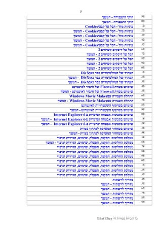 ‫ל‬ ‫שמורות‬ ‫הזכויות‬ ‫כל‬-Efrat Elhay
5
911.‫התעבורה‬ ‫חוקי‬-‫המשך‬
021.‫התעבורה‬ ‫חוקי‬-‫המשך‬
121.‫מזל‬ ‫עוגיות‬-‫קבצי‬ ‫על‬ ‫הכל‬Cookies
221.‫מזל‬ ‫עוגיות‬-‫קבצי‬ ‫על‬ ‫הכל‬Cookies-‫המשך‬
321.‫עוגי‬‫מזל‬ ‫ות‬-‫קבצי‬ ‫על‬ ‫הכל‬Cookies-‫המשך‬
421.‫מזל‬ ‫עוגיות‬-‫קבצי‬ ‫על‬ ‫הכל‬Cookies-‫המשך‬
521.‫מזל‬ ‫עוגיות‬-‫קבצי‬ ‫על‬ ‫הכל‬Cookies-‫המשך‬
621.‫קשיחים‬ ‫דיסקים‬ ‫על‬ ‫הכל‬2
721.‫קשיחים‬ ‫דיסקים‬ ‫על‬ ‫הכל‬2-‫המשך‬
821.‫קשיחים‬ ‫דיסקים‬ ‫על‬ ‫הכל‬2-‫המשך‬
921.‫קשיחים‬ ‫דיסקים‬ ‫על‬ ‫הכל‬2-‫המשך‬
031.‫ק‬ ‫דיסקים‬ ‫על‬ ‫הכל‬‫שיחים‬2-‫המשך‬
131.‫כאן‬ ‫כבר‬ ‫המולטימדיה‬ ‫של‬ ‫העתיד‬DivX
231.‫כאן‬ ‫כבר‬ ‫המולטימדיה‬ ‫של‬ ‫העתיד‬DivX-‫המשך‬
331.‫כאן‬ ‫כבר‬ ‫המולטימדיה‬ ‫של‬ ‫העתיד‬DivX-‫המשך‬
431.‫בשרת‬ ‫שימוש‬Firewall‫לאינטרנט‬ ‫חיבור‬ ‫של‬
531.‫בשרת‬ ‫שימוש‬Firewall‫לאינטרנט‬ ‫חיבור‬ ‫של‬-‫המשך‬
631.‫עם‬ ‫העבודה‬ ‫התחלת‬Windows Movie Maker
731.‫עם‬ ‫העבודה‬ ‫התחלת‬Windows Movie Maker-‫המשך‬
831.‫לאינטרנט‬ ‫התקשרויות‬ ‫בשיתוף‬ ‫שימוש‬
931.‫לאינטרנט‬ ‫התקשרויות‬ ‫בשיתוף‬ ‫שימוש‬-‫המשך‬
041.‫ב‬ ‫ופרטיות‬ ‫אבטחה‬ ‫בתכונות‬ ‫שימוש‬Internet Explorer 6-
141.‫ב‬ ‫ופרטיות‬ ‫אבטחה‬ ‫בתכונות‬ ‫שימוש‬Internet Explorer 6--‫המשך‬
241.‫אבטחה‬ ‫בתכונות‬ ‫שימוש‬‫ב‬ ‫ופרטיות‬Internet Explorer 6--‫המשך‬
341.‫בעיות‬ ‫לפתרון‬ ‫המערכת‬ ‫בשחזור‬ ‫שימוש‬
441.‫בעיות‬ ‫לפתרון‬ ‫המערכת‬ ‫בשחזור‬ ‫שימוש‬-‫המשך‬
541.‫ממלכת‬‫החלונות‬:‫התקנה‬,‫הפעלה‬,‫שימוש‬,‫וכיבוי‬ ‫הגדרות‬
641.‫ממלכת‬‫החלונות‬:‫התקנה‬,‫הפעלה‬,‫שימוש‬,‫וכיבוי‬ ‫הגדרות‬-‫המשך‬
741.‫ממלכת‬‫החלונות‬:‫התקנה‬,‫הפע‬‫לה‬,‫שימוש‬,‫וכיבוי‬ ‫הגדרות‬
841.‫ממלכת‬‫החלונות‬:‫התקנה‬,‫הפעלה‬,‫שימוש‬,‫וכיבוי‬ ‫הגדרות‬
941.‫ממלכת‬‫החלונות‬:‫התקנה‬,‫הפעלה‬,‫שימוש‬,‫וכיבוי‬ ‫הגדרות‬
051.‫ממלכת‬‫החלונות‬:‫התקנה‬,‫הפעלה‬,‫שימוש‬,‫וכיבוי‬ ‫הגדרות‬
151.‫ממלכת‬‫החלונות‬:‫התקנה‬,‫הפעלה‬,‫שימוש‬,‫וכיבוי‬ ‫הגדרות‬
251.‫ממלכת‬‫החלונות‬:‫ה‬‫תקנה‬,‫הפעלה‬,‫שימוש‬,‫וכיבוי‬ ‫הגדרות‬
351.‫ממלכת‬‫החלונות‬:‫התקנה‬,‫הפעלה‬,‫שימוש‬,‫וכיבוי‬ ‫הגדרות‬
451.‫לרשתות‬ ‫מדריך‬
551.‫לרשתות‬ ‫מדריך‬-‫המשך‬
651.‫לרשתות‬ ‫מדריך‬-‫המשך‬
751.‫לרשתות‬ ‫מדריך‬-‫המשך‬
851.‫לרשתות‬ ‫מדריך‬-‫המשך‬
951.‫לרשתות‬ ‫מדריך‬-‫המשך‬
 