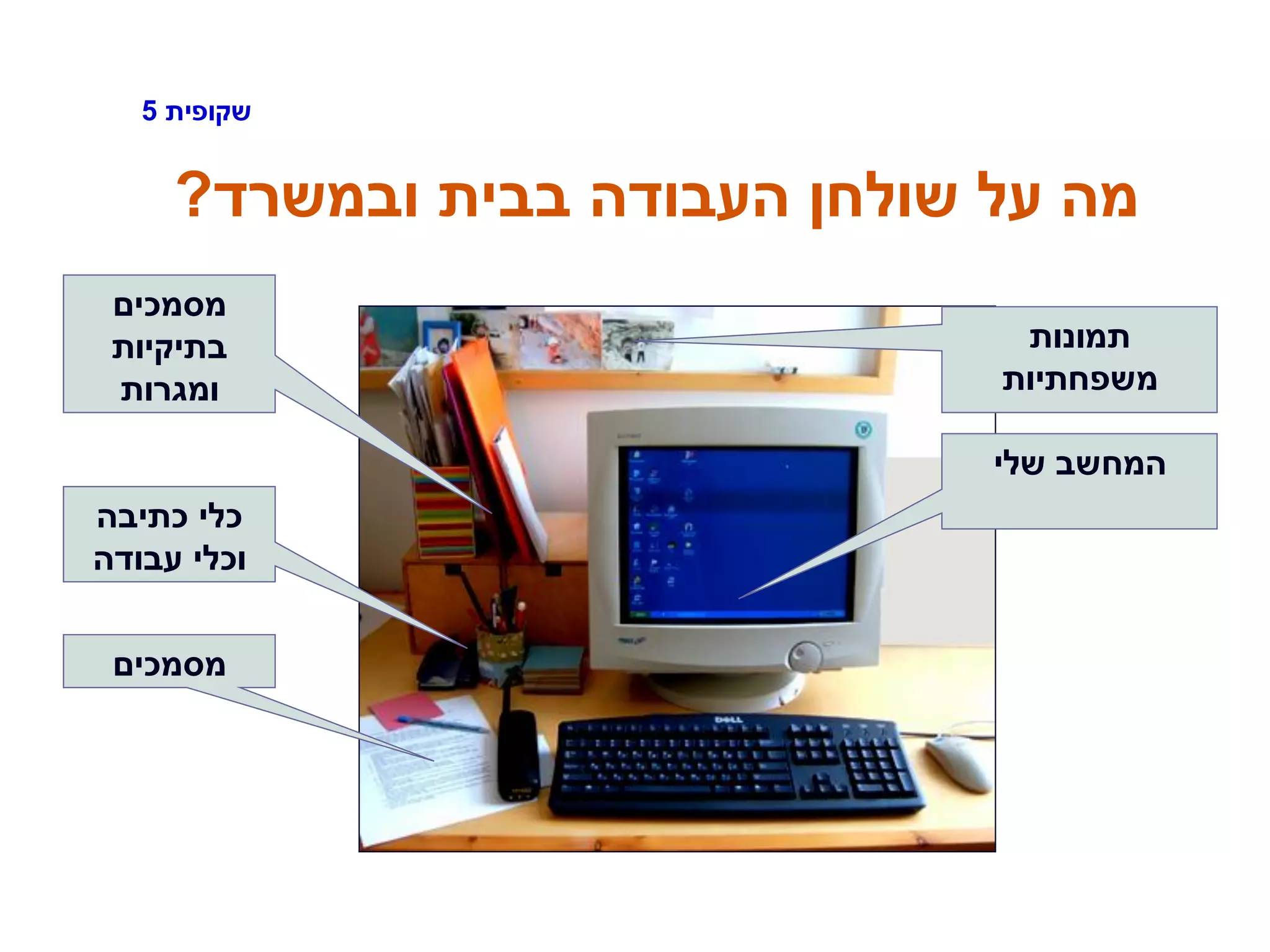 ‫שקופית‬5
‫ובמשרד‬ ‫בבית‬ ‫העבודה‬ ‫שולחן‬ ‫על‬ ‫מה‬?
‫מסמכים‬
‫תמונות‬
‫משפחתיות‬
‫כתיבה‬ ‫כלי‬
‫עבודה‬ ‫וכלי‬
‫מסמכים‬
‫בתיקיות‬
‫ומגרות‬
‫שלי‬ ‫המחשב‬
 